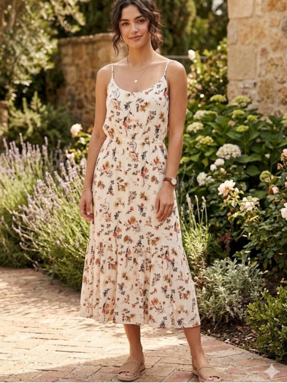 Abercrombie & Fitch Cream Floral Spaghetti-Strap Midi Dress